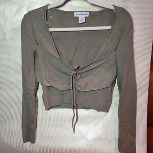 Impressions Olive Long Sleeve Tie-Front Crop Top